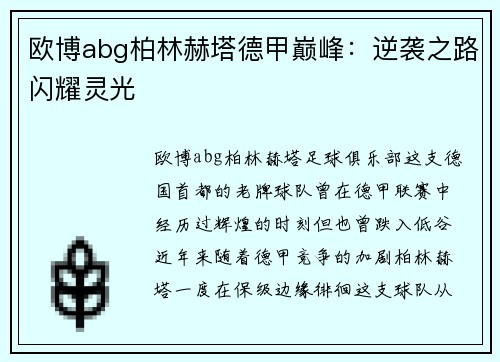 欧博abg柏林赫塔德甲巅峰：逆袭之路闪耀灵光